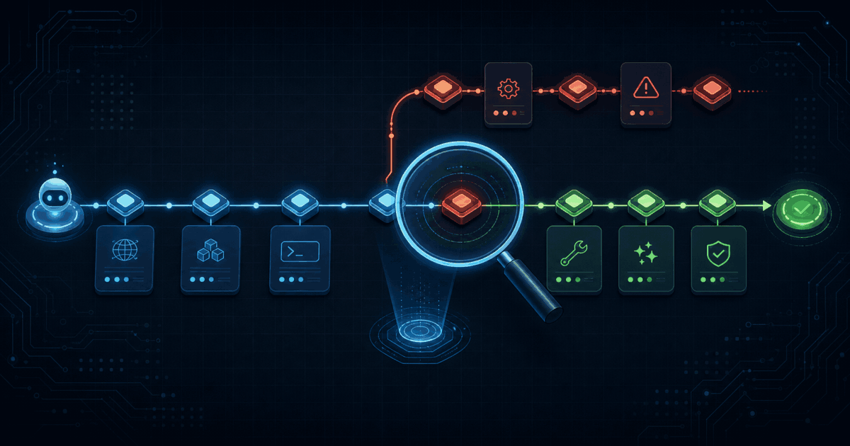 AgentDebugX workflow showing a failed GLM-5.2 agent branch inspected and converted into a verified recovery path