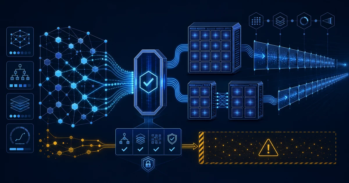An abstract sparse GLM-5.2 expert network passes through a verification gate into one sixteen-tile Ascend A3 node and a paired eight-tile A2 route, while a long-context branch continues and an amber experimental path stops at a caution boundary