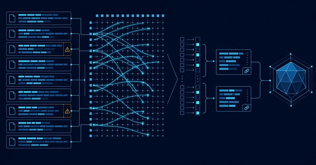 Eight document cards feed token-level match arcs; two sourced passages reach a GLM-5.2 model while amber markers flag clipped tails