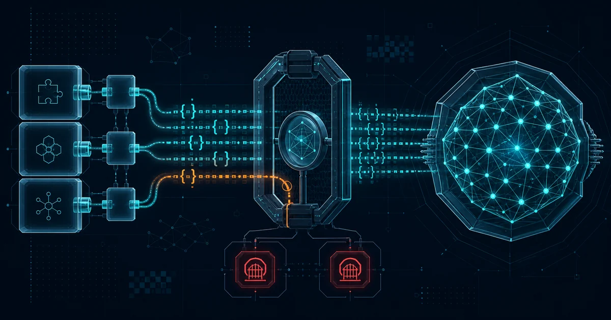 Modular agent plugins sending teal request streams through a forensic audit gate, where an amber field mismatch is isolated before a neural model core