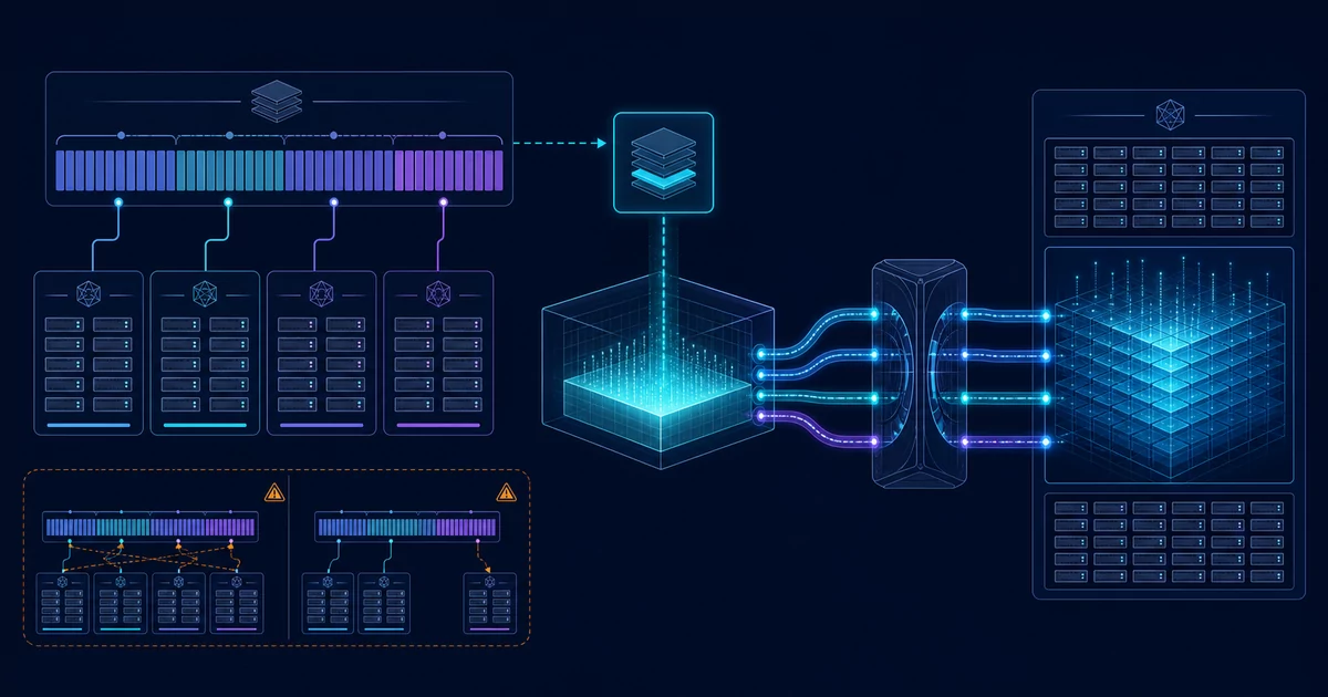 A cool-blue engineering diagram shows 78 GLM-5.2 DSA cache layers divided among four context-parallel prefill ranks, an owner rank broadcasting one remote layer through a cyan scratch buffer, and Mooncake transfer paths converging on a separate decode cluster with a full cache