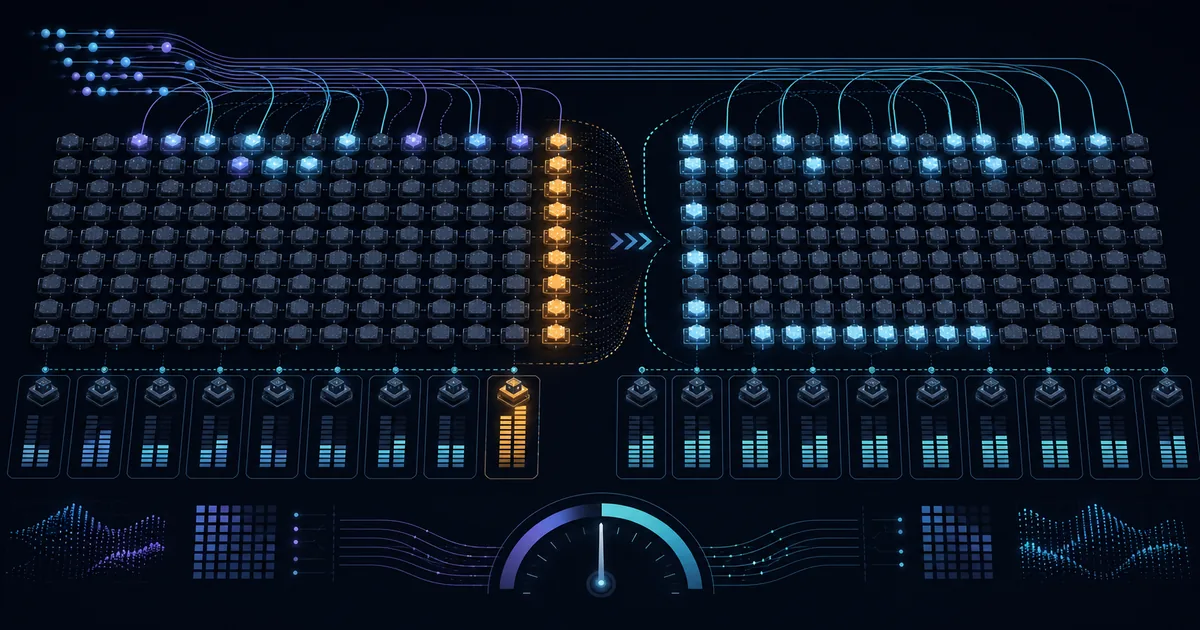 Sparse blue token routes select a small subset of GLM-5.2 expert tiles, converge on one amber overloaded accelerator rank, then cross a measured EPLB boundary into an evenly distributed cyan expert-parallel layout