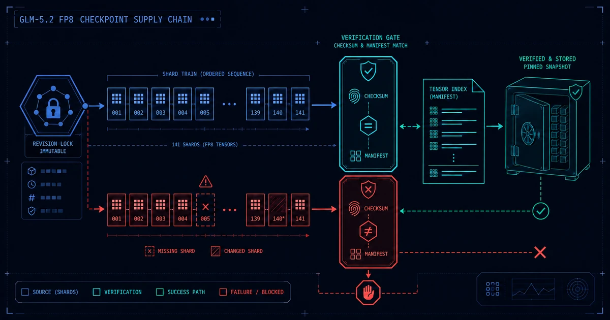 A dark cool-blue technical supply-chain diagram shows an immutable GLM-5.2 FP8 revision lock sending a long ordered train of shard tiles numbered 001, 002, 003, 004, 005, then 139, 140, and 141 into a bright cyan checksum and tensor-manifest comparison gate; the accepted teal path reaches a vault labeled as a pinned snapshot, while a lower red path marks shard 005 missing and shard 140 changed before a stop symbol blocks storage
