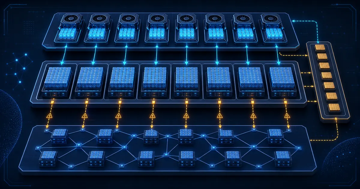 A cool-blue systems diagram shows eight separate GLM-5.2 GPU L1 modules above eight per-rank host-RAM L2 pools, a narrow amber DSA indexer sidecar that adds memory outside the primary KV pool, and cache paths descending through warning gates into a distributed L3 storage mesh