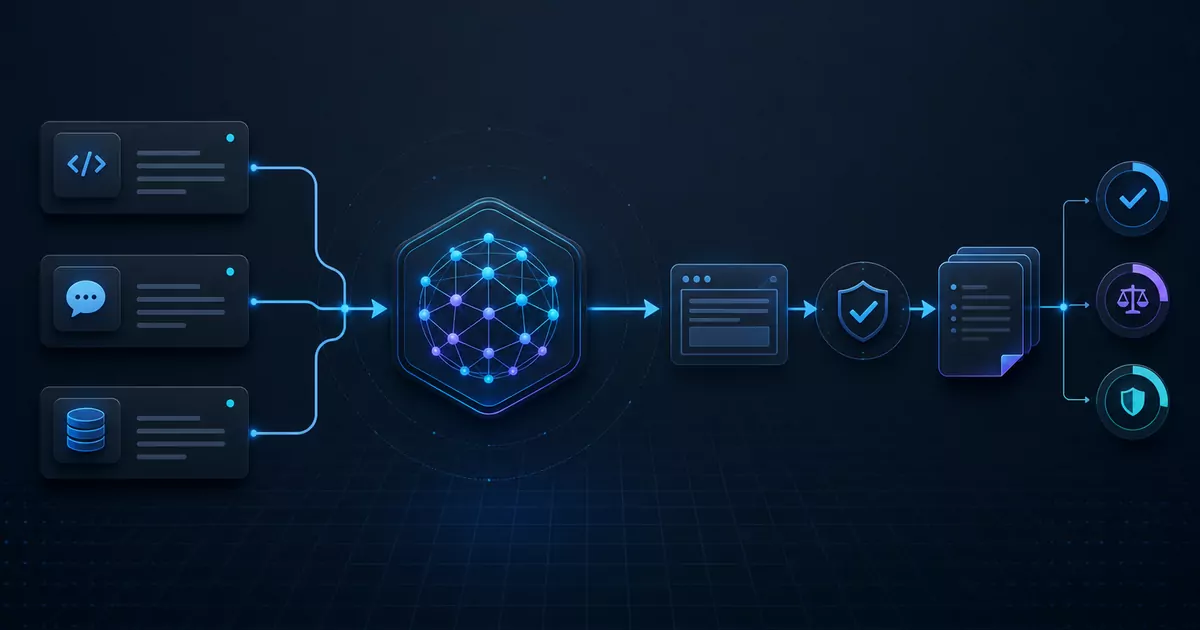 A cold-blue evaluation pipeline routes three test cases through a GLM-5.2 node, a verified API request, stacked audit logs, and three scoring gates
