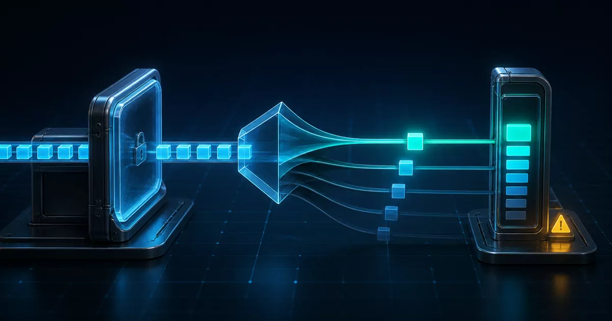 A cyan token stream crosses a locked gateway, fans into five probability paths, and ends at a local score display with an amber warning