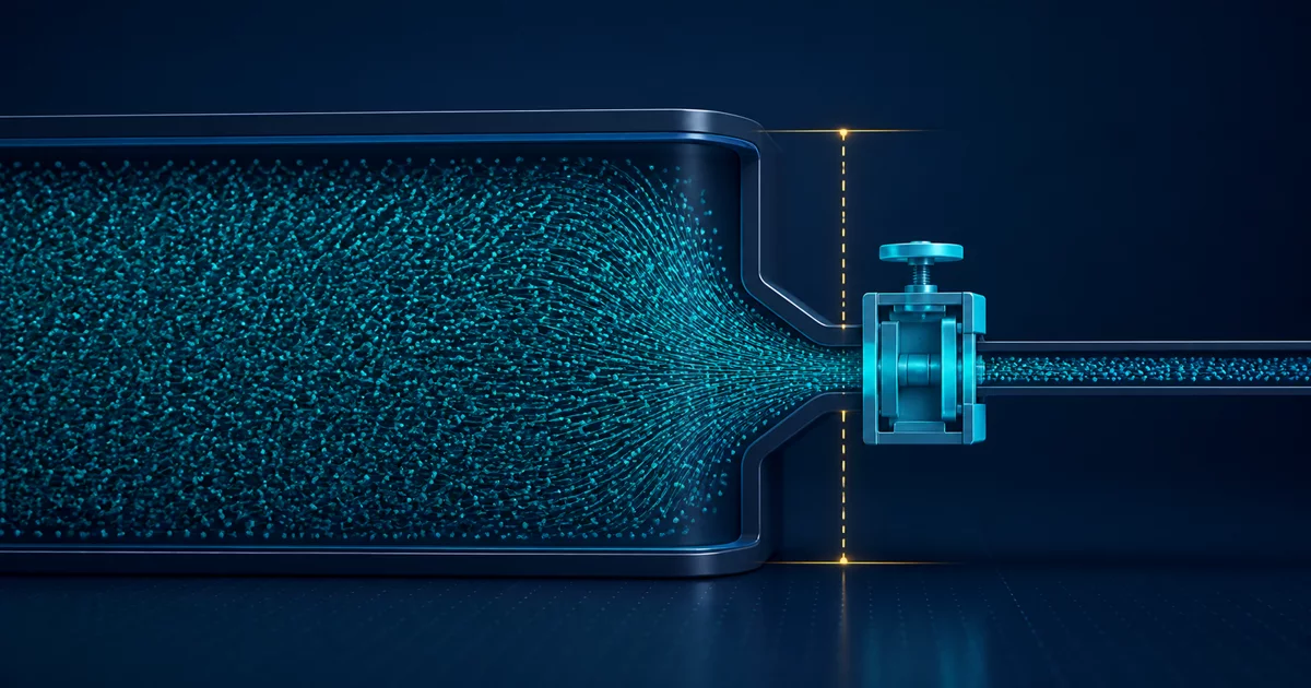 Dense teal token reservoir narrowing through a separate cyan output valve, with an amber boundary marking the independent output limit