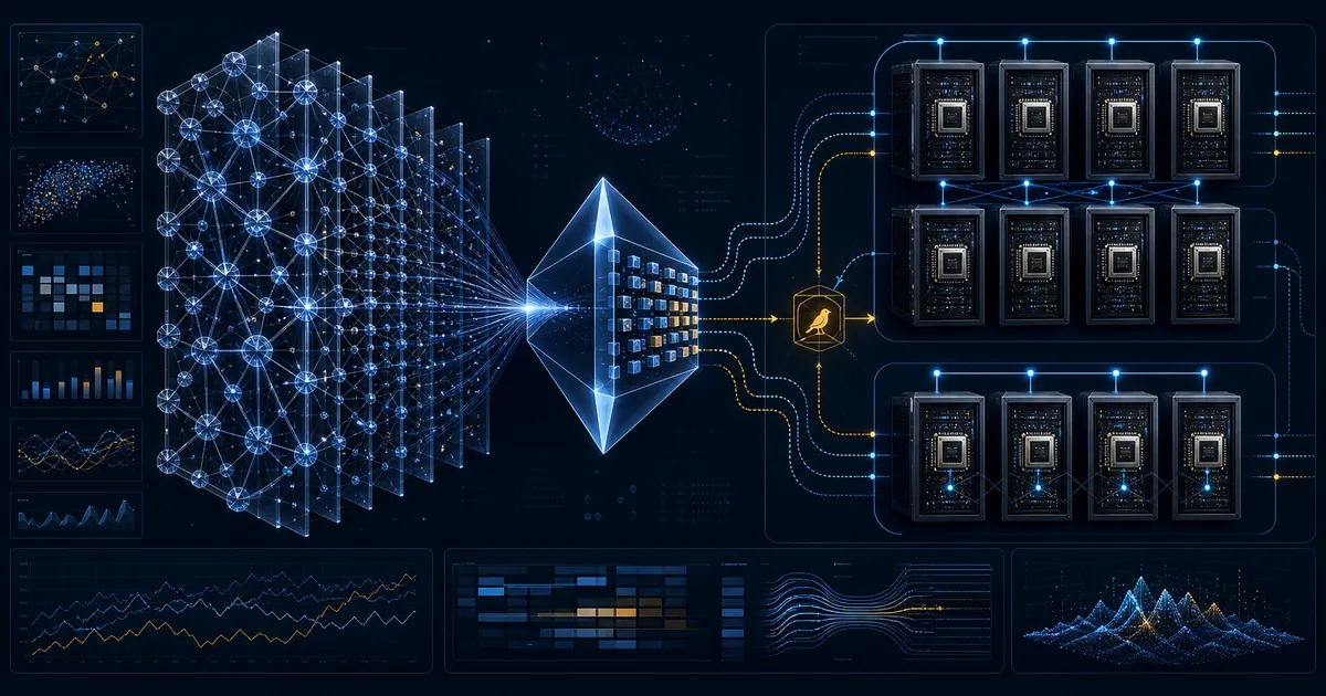 A sparse GLM-5.2 model lattice passes through an NVFP4 quantization prism into eight-GPU and four-GPU Blackwell serving topologies, with an amber canary gate before traffic