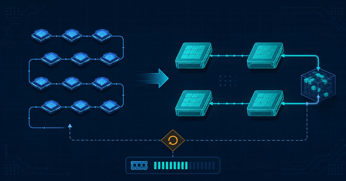 A cool-blue technical diagram shows twelve small separated GPU kernel tiles on the left condensing into four larger teal modules on two parallel paths, feeding a sparse index cache cube; an amber rollback junction and segmented memory gauge sit below the paths