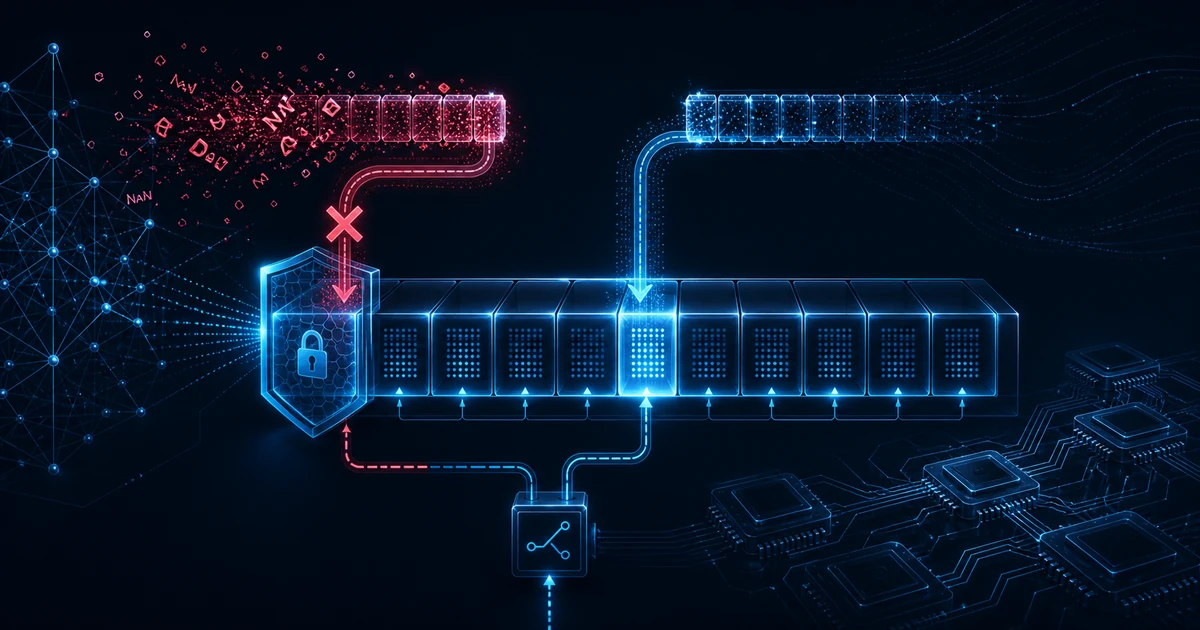 A cool-blue technical diagram shows a long KV-cache array connected to a sparse neural lattice and GPU chips; an unstable amber-red padding stream containing fractured NaN symbols is blocked by a glowing shield over the reserved first memory cell, while a clean cyan finite stream bends into a later positive slot, illustrating GLM-5.2 SGLang MLA slot-zero protection without claiming a real runtime capture