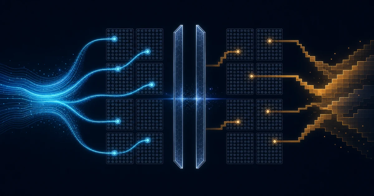 A cool navy technical illustration shows fine cyan signals selecting eight nodes across grouped expert arrays, two crystalline precision gates in the center, and blocky amber quantization terraces selecting a different sparse set, representing the two SGLang boundaries that must preserve GLM-5.2 MoE correction bias in FP32 without claiming a real runtime trace