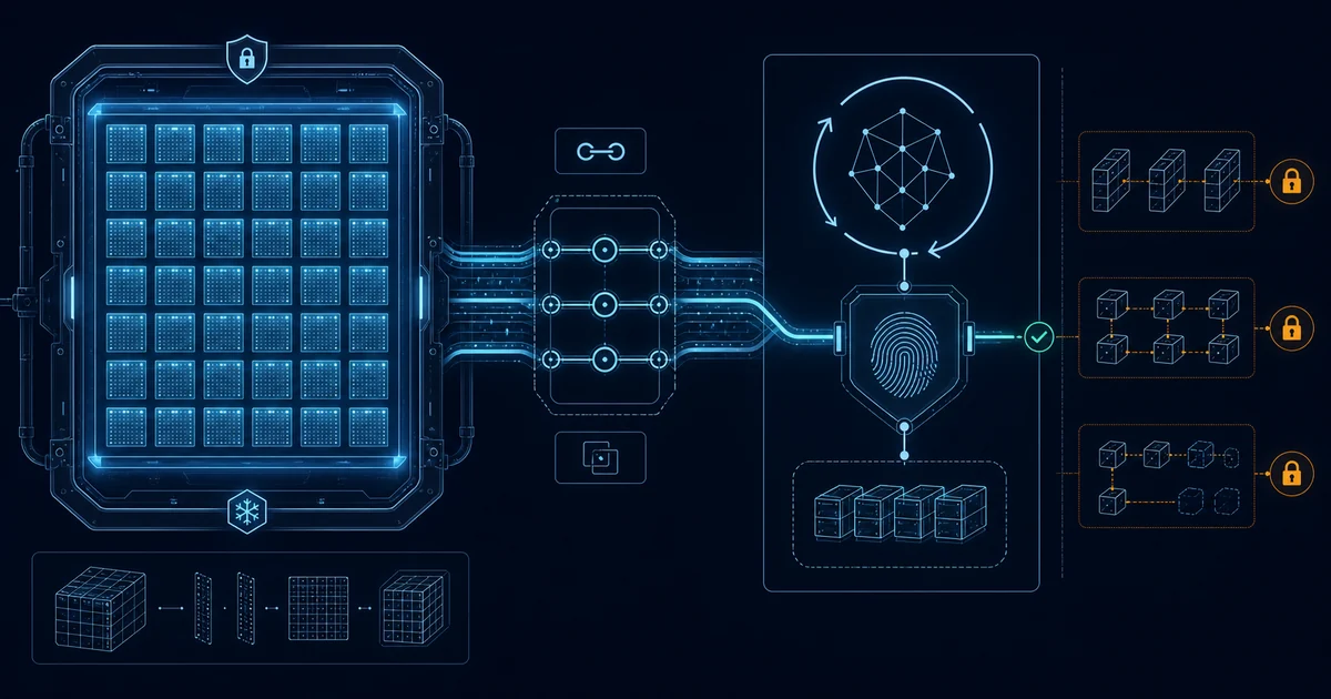 A persistent chamber of blue GPU weight tiles maps through cyan zero-copy IPC paths into a restarting GLM-5.2 inference engine, while a fingerprint gate approves one route and amber locks block unsupported DP, EP, and speculative branches