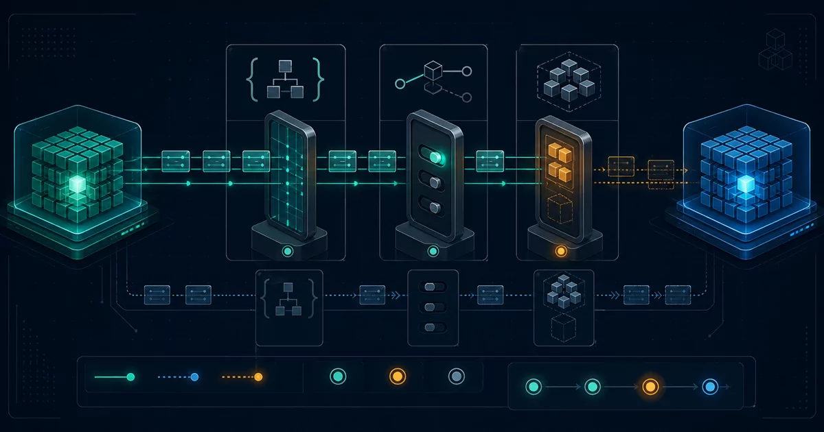 Technical diagram of teal GLM-5.2 request packets crossing three migration gates toward a blue GLM-5.3 compute block, with the final availability gate held in amber