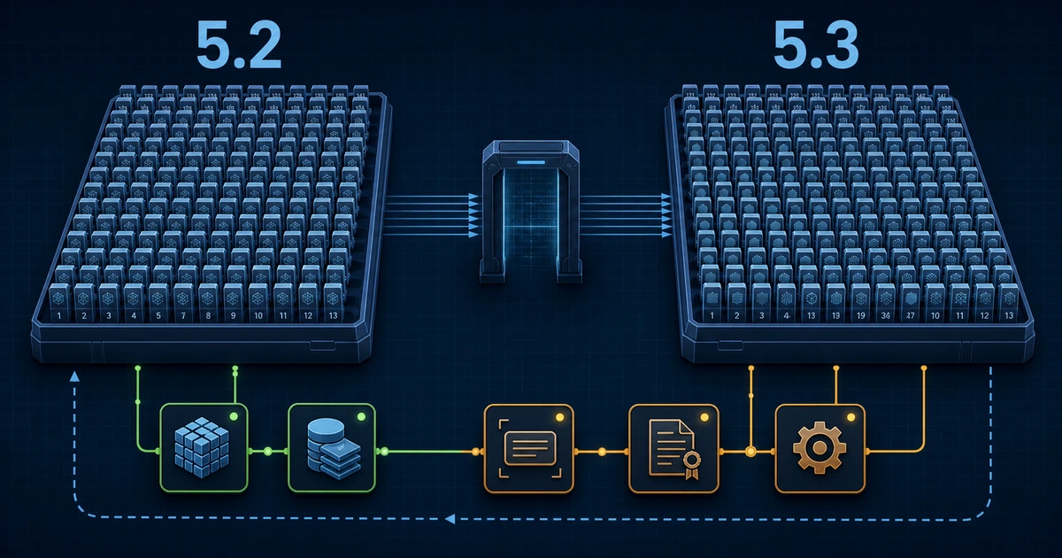 A cold-blue technical migration diagram shows matching GLM-5.2 and GLM-5.3 storage lattices with the same orderly shard geometry but different fingerprint symbols, a central inspection gate, green reuse paths for tokenizer and tensor index artifacts, amber review gates for the chat template, license, and runtime, and a dashed rollback rail leading back to the preserved GLM-5.2 snapshot