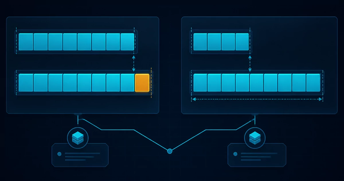 A cool-blue diagnostic flow compares a narrow block table with a one-column amber extension labeled alignment and a second pair whose wider table is exactly twice the narrow table labeled DCP2, then routes them to vLLM 0.27 and 0.28 release checkpoints