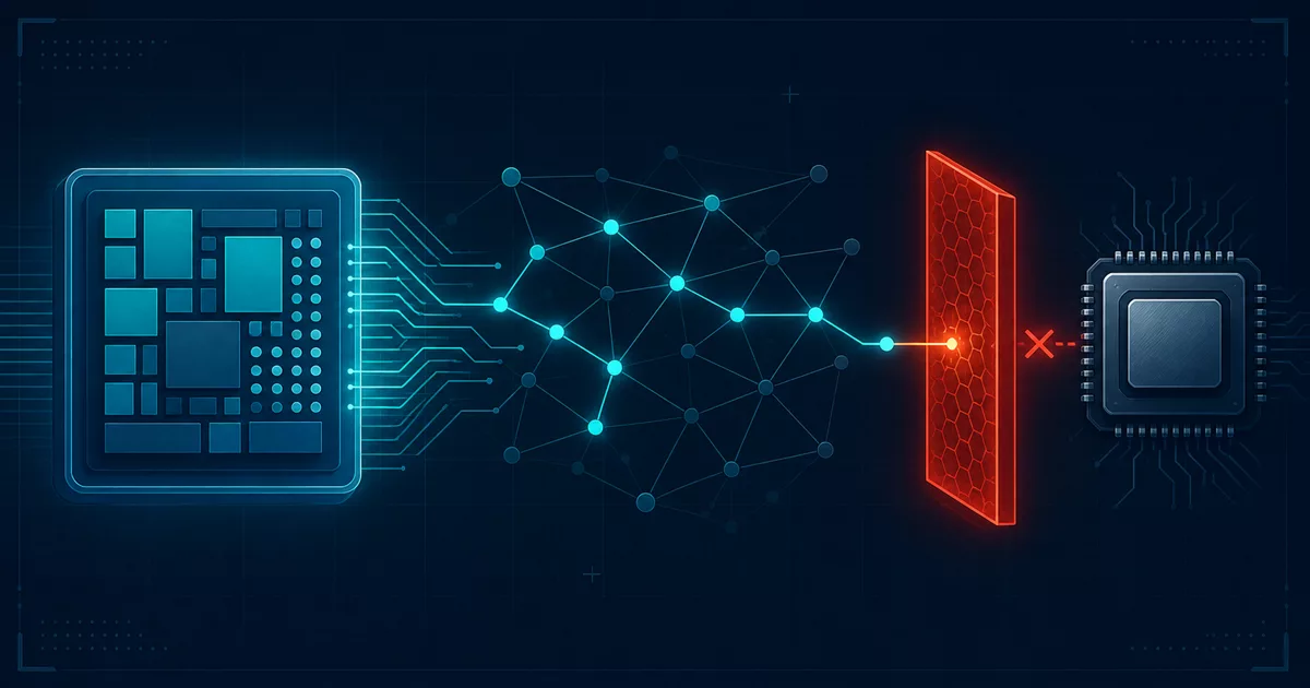 A cool-blue technical diagram shows a configuration circuit entering a sparse network of connected nodes, then stopping at an illuminated amber-red barrier before a CPU chip, representing the pinned GLM-5.2 index_topk path and vLLM CPU sparse-attention rejection