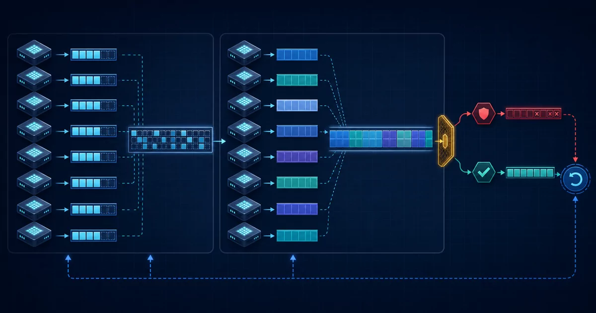 A cool-blue technical diagram shows eight GPU ranks first holding repeated sparse-cache tiles and then different contiguous sequence shards; an amber compatibility gate sends an unsafe configuration into a red blocked branch, a validated candidate into a teal branch, and both toward a blue rollback loop
