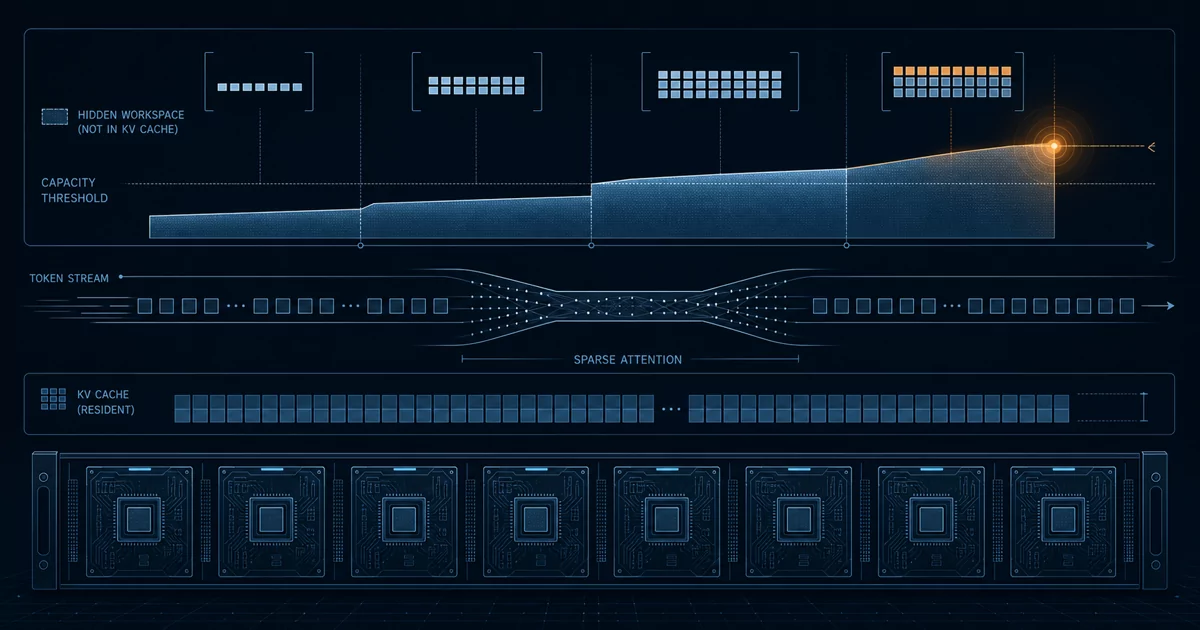 A cool-blue technical diagram shows token tiles widening through a sparse-attention funnel into a hidden workspace band that grows past an amber capacity threshold, while a separate low and steady KV-cache band remains below it above eight abstract GPU modules in a rack