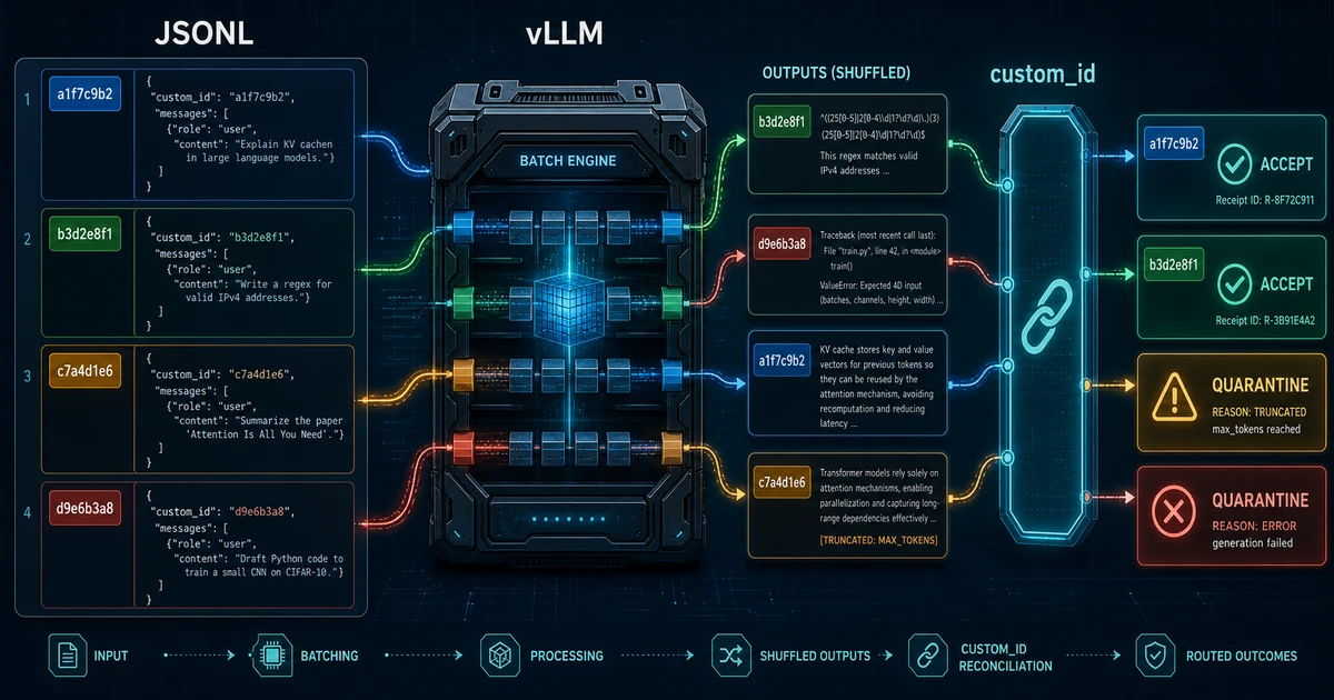 A dark cold-blue technical workflow shows a four-row JSONL file on the left, with blue, green, amber, and red unique custom_id chips and message blocks feeding a central vLLM batch engine concurrently; four outputs emerge in a visibly different order and pass through a tall cyan custom_id reconciliation gate, where the matching blue and green paths reach teal accepted receipt cards, the amber path reaches a quarantine card marked as truncated, and the red path reaches a quarantine card marked as an error