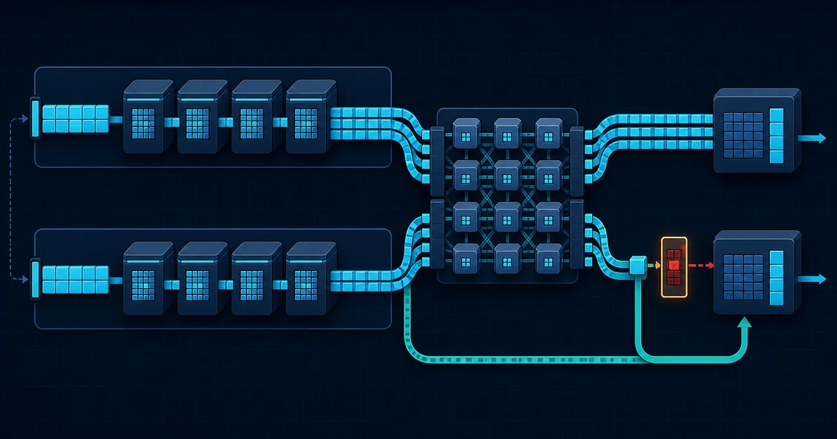 A cool-blue topology diagram shows two data-parallel lanes with four tensor-parallel nodes each feeding a shared MoE expert fabric; the lower low-load path reaches a small amber and red mismatch gate, while a separate teal rollback route carries state safely around it