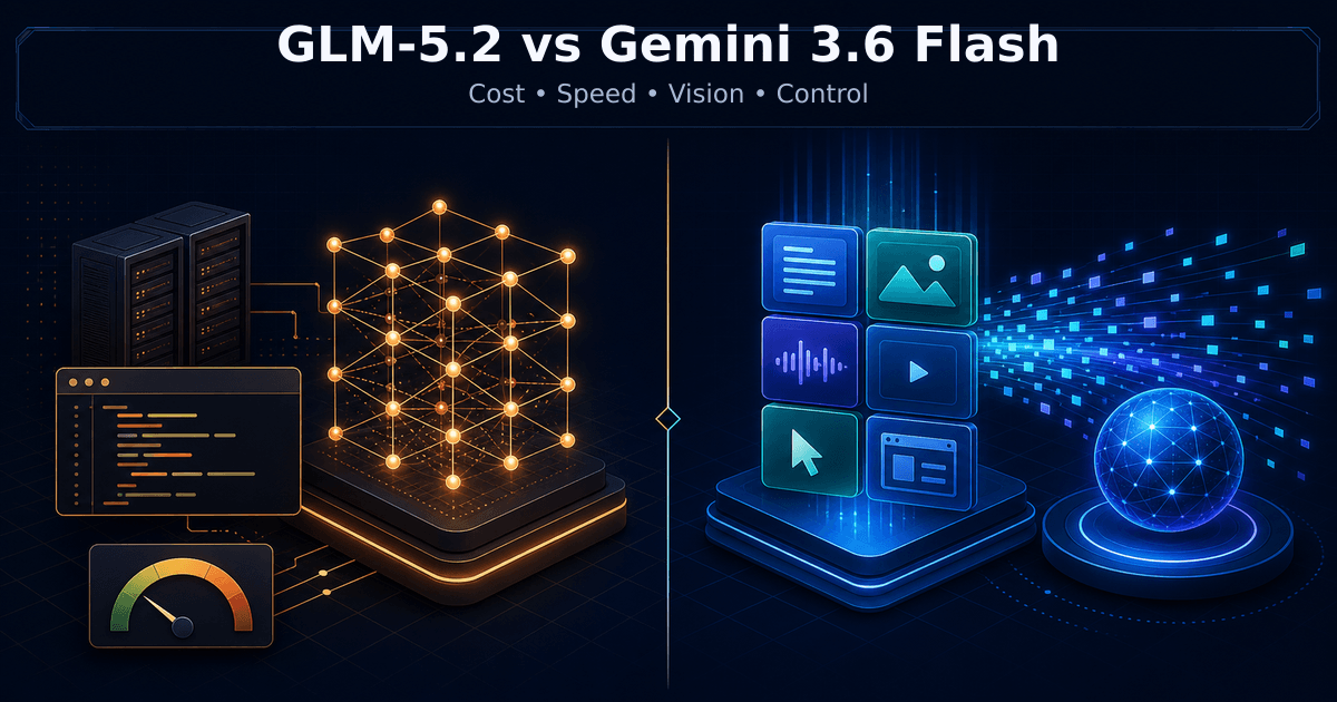 GLM-5.2 versus Gemini 3.6 Flash decision illustration comparing an open-weight coding stack with multimodal agent tools, cost, speed, vision, and deployment control