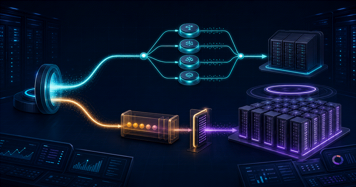 Two operational AI API pipelines: GLM-5.2 branches toward hosted and self-hosted routes while Kimi K3 passes through a visible demand queue