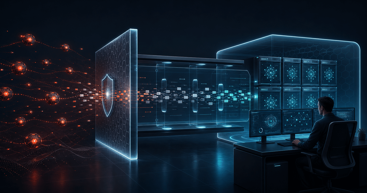 Editorial illustration of red-orange autonomous attack traces crossing a defensive boundary into a contained forensic pipeline, where a human responder reviews analysis from a self-hosted teal compute cluster